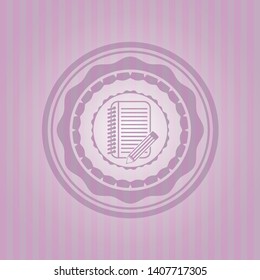 notebook with pencil icon inside retro style pink emblem