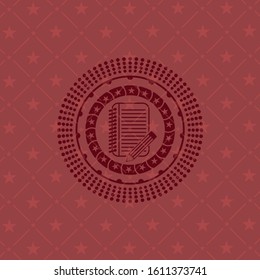 notebook with pencil icon inside retro style red emblem