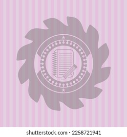 notebook with pencil icon inside retro pink emblem. Flat design. 