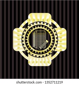 notebook with pencil icon inside shiny emblem