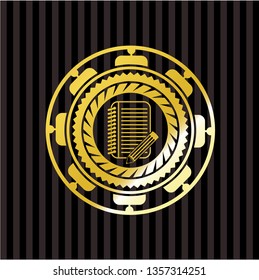 notebook with pencil icon inside shiny emblem