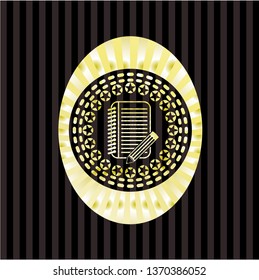 notebook with pencil icon inside shiny emblem