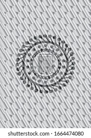 notebook with pencil icon inside shiny silver badge. Scales pattern. Vector Illustration. Detailed.
