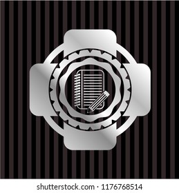 notebook with pencil icon inside silver badge or emblem