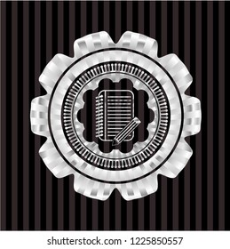 notebook with pencil icon inside silver badge or emblem