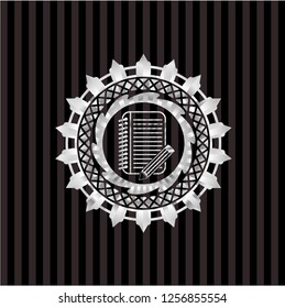 notebook with pencil icon inside silver shiny badge