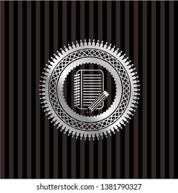 notebook with pencil icon inside silver badge or emblem