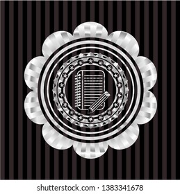 notebook with pencil icon inside silver shiny badge
