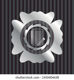 notebook with pencil icon inside silver shiny emblem