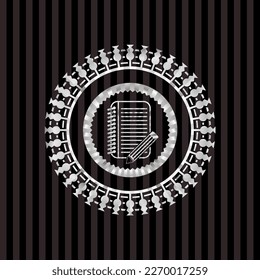 notebook with pencil icon inside silver badge or emblem. 