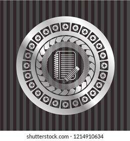 notebook with pencil icon inside silvery emblem