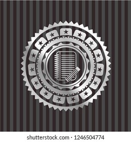 notebook with pencil icon inside silvery emblem or badge