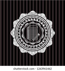 notebook with pencil icon inside silvery emblem