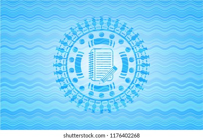 notebook with pencil icon inside sky blue water emblem background.