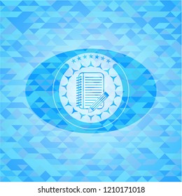 notebook with pencil icon inside sky blue emblem with triangle mosaic background