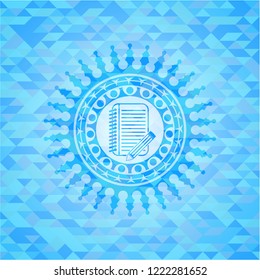 notebook with pencil icon inside sky blue emblem with mosaic ecological style background