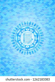 notebook with pencil icon inside sky blue mosaic emblem
