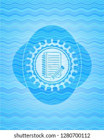 notebook with pencil icon inside sky blue water badge.