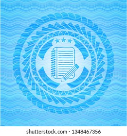 notebook with pencil icon inside sky blue water badge background.