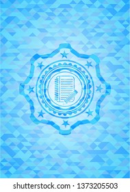 notebook with pencil icon inside sky blue emblem with triangle mosaic background
