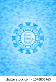 notebook with pencil icon inside sky blue emblem. Mosaic background