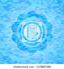 notebook with pencil icon inside sky blue mosaic emblem