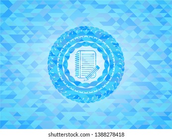 notebook with pencil icon inside sky blue emblem with mosaic ecological style background
