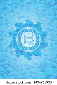 notebook with pencil icon inside sky blue emblem with mosaic background
