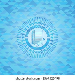 notebook with pencil icon inside sky blue emblem. Mosaic background