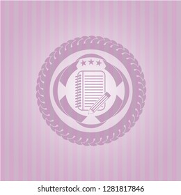 notebook with pencil icon inside vintage pink emblem