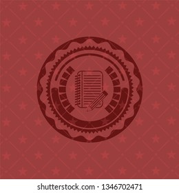 notebook with pencil icon inside vintage red emblem