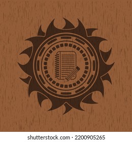 notebook with pencil icon inside vintage wooden emblem. 
