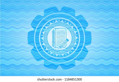 notebook with pencil icon inside water wave representation style emblem.