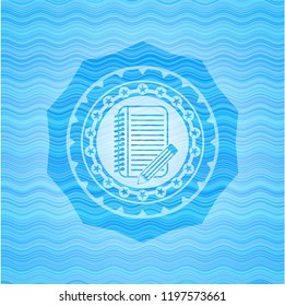 notebook with pencil icon inside water wave representation emblem background.