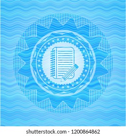 notebook with pencil icon inside water concept badge.