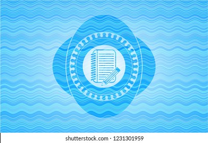 notebook with pencil icon inside water wave representation style emblem.