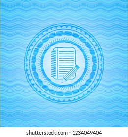 notebook with pencil icon inside water wave badge.