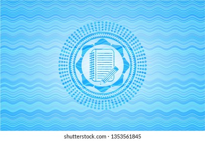 notebook with pencil icon inside water badge background.