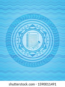 notebook with pencil icon inside water concept badge.
