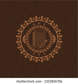 notebook with pencil icon inside wood emblem. Retro