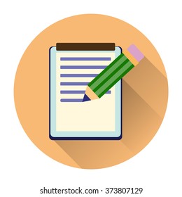 Notebook and pencil icon with long shadow. Flat style. Vector illustration