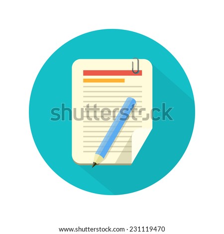 Notebook and pencil icon with long shadow. Flat style