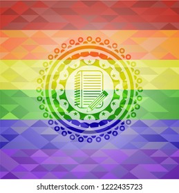 notebook with pencil icon on mosaic background with the colors of the LGBT flag