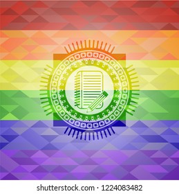 notebook with pencil icon on mosaic background with the colors of the LGBT flag