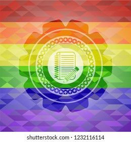 notebook with pencil icon on mosaic background with the colors of the LGBT flag