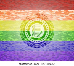 notebook with pencil icon on mosaic background with the colors of the LGBT flag