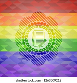 notebook with pencil icon on mosaic background with the colors of the LGBT flag