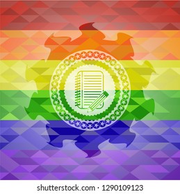 notebook with pencil icon on mosaic background with the colors of the LGBT flag