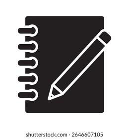 Notebook and pencil icon for writing notes and sketching ideas representing school supplies education and creative office work planning vector solid glyph icon