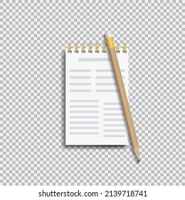 Notebook with a pencil isolated transparent background. 3d. Isometric. Open spiral notebook. Graphic elements design. The vector realistic illustration.